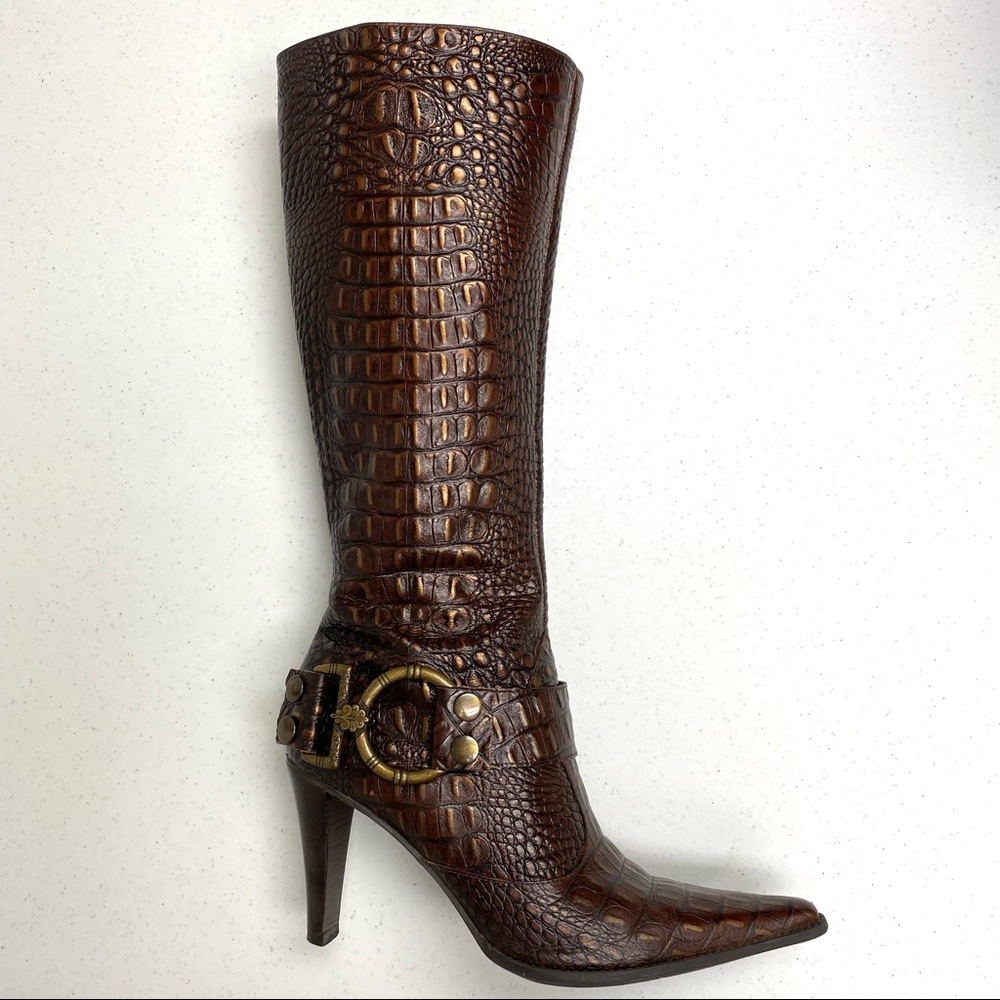 Gianni Bini Lizzy Alligator Brown Leather Boot Size 8 Convertible Buckle Strap